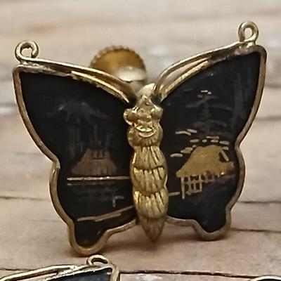 Antique Japanese Damascene Shakufo K24 Gold Silver Inlay Butterfly Bracelet 1940's style - Marked K24 With matching Butterfly earrings