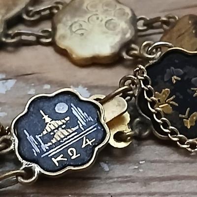 Antique Japanese Damascene Shakufo K24 Gold Silver Inlay Butterfly Bracelet 1940's style - Marked K24 With matching Butterfly earrings