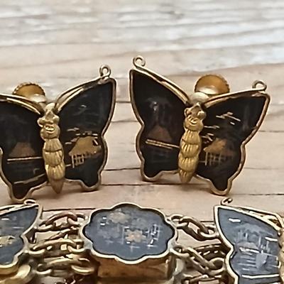 Antique Japanese Damascene Shakufo K24 Gold Silver Inlay Butterfly Bracelet 1940's style - Marked K24 With matching Butterfly earrings