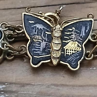 Antique Japanese Damascene Shakufo K24 Gold Silver Inlay Butterfly Bracelet 1940's style - Marked K24 With matching Butterfly earrings
