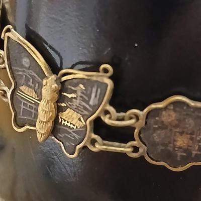 Antique Japanese Damascene Shakufo K24 Gold Silver Inlay Butterfly Bracelet 1940's style - Marked K24 With matching Butterfly earrings