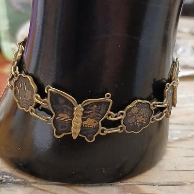 Antique Japanese Damascene Shakufo K24 Gold Silver Inlay Butterfly Bracelet 1940's style - Marked K24 With matching Butterfly earrings