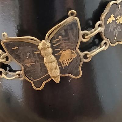 Antique Japanese Damascene Shakufo K24 Gold Silver Inlay Butterfly Bracelet 1940's style - Marked K24 With matching Butterfly earrings