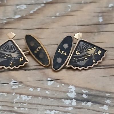 Vintage Signed K24 Japan Damascene Fan Cufflinks - Japanese / Mt Fuji 1940'S Marked Japan K24