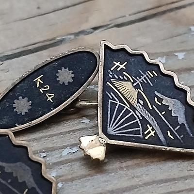 Vintage Signed K24 Japan Damascene Fan Cufflinks - Japanese / Mt Fuji 1940'S Marked Japan K24