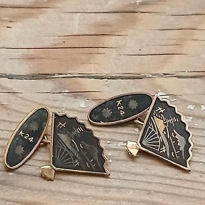 Vintage Signed K24 Japan Damascene Fan Cufflinks - Japanese / Mt Fuji 1940'S Marked Japan K24