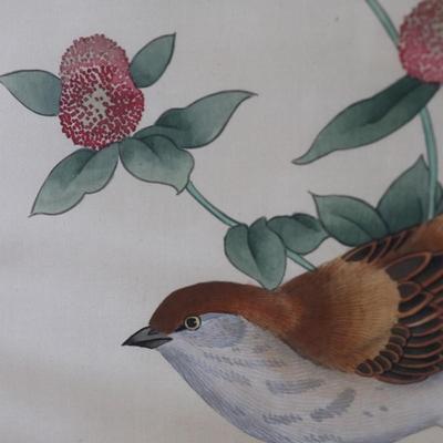 Framed Chinese Hand Painted Bird and Flowers on Silk