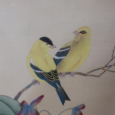 Framed Chinese Hand Painted Bird and Flowers on Silk