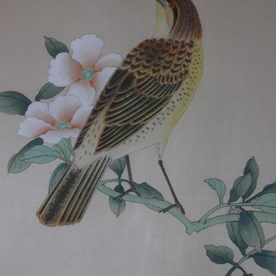 Framed Chinese Hand Painted Bird and Flowers on Silk