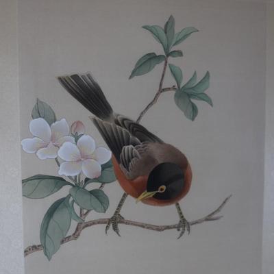 Framed Chinese Hand Painted Bird and Flowers on Silk