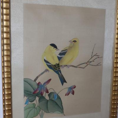 Framed Chinese Hand Painted Bird and Flowers on Silk