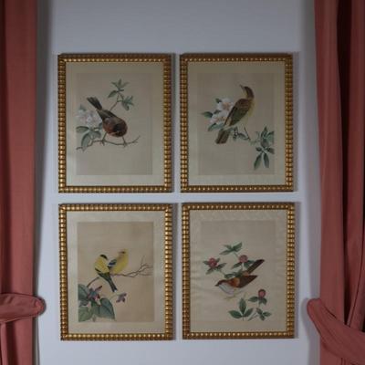 Framed Chinese Hand Painted Bird and Flowers on Silk