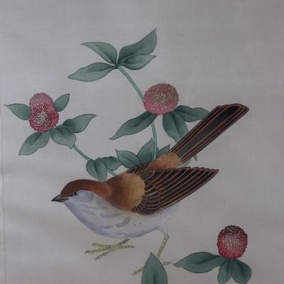Framed Chinese Hand Painted Bird and Flowers on Silk