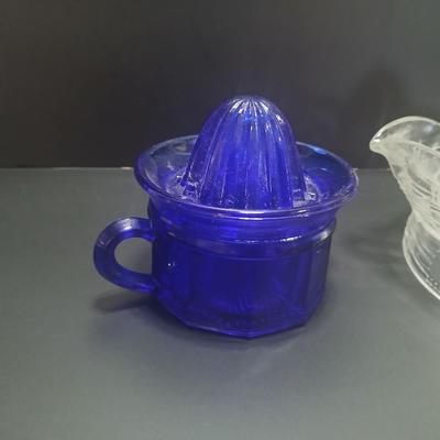 Westmoreland Baby 2-part Cobalt Blue Reamer Juicer and a Vintage Hazel Atlas Clear Glass Crisscross Pattern Juicer Reamer