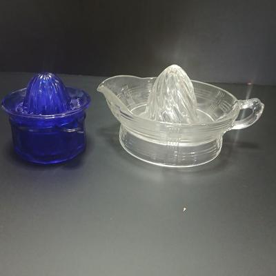 Westmoreland Baby 2-part Cobalt Blue Reamer Juicer and a Vintage Hazel Atlas Clear Glass Crisscross Pattern Juicer Reamer