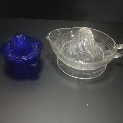 Westmoreland Baby 2-part Cobalt Blue Reamer Juicer and a Vintage Hazel Atlas Clear Glass Crisscross Pattern Juicer Reamer