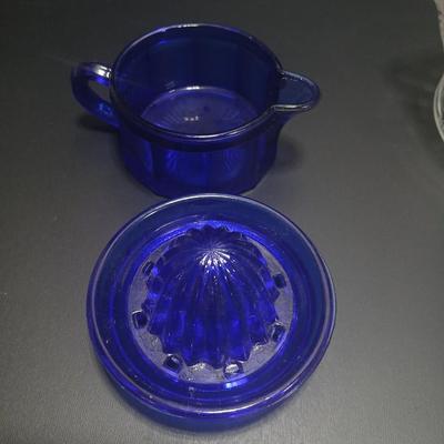 Westmoreland Baby 2-part Cobalt Blue Reamer Juicer and a Vintage Hazel Atlas Clear Glass Crisscross Pattern Juicer Reamer