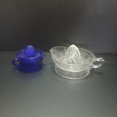 Westmoreland Baby 2-part Cobalt Blue Reamer Juicer and a Vintage Hazel Atlas Clear Glass Crisscross Pattern Juicer Reamer