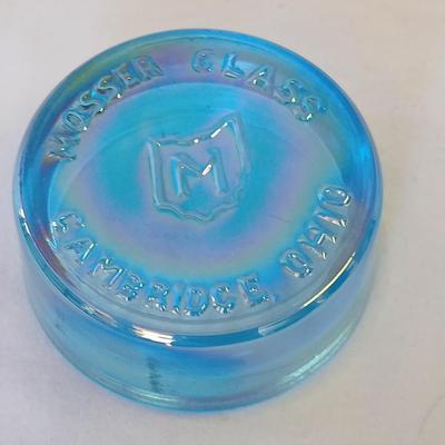 Vintage Mosser Glass LOGO Dealer display Cambridge Ohio Paperweight Blue Carnival glass