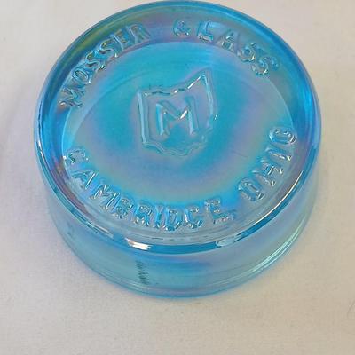 Vintage Mosser Glass LOGO Dealer display Cambridge Ohio Paperweight Blue Carnival glass
