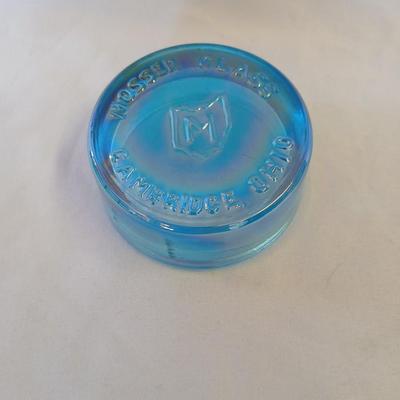 Vintage Mosser Glass LOGO Dealer display Cambridge Ohio Paperweight Blue Carnival glass