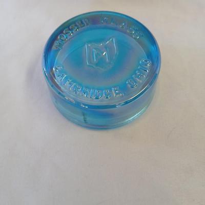 Vintage Mosser Glass LOGO Dealer display Cambridge Ohio Paperweight Blue Carnival glass