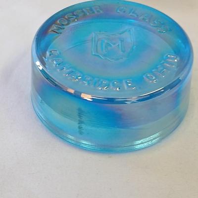 Vintage Mosser Glass LOGO Dealer display Cambridge Ohio Paperweight Blue Carnival glass