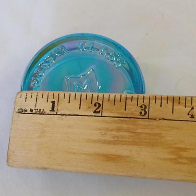 Vintage Mosser Glass LOGO Dealer display Cambridge Ohio Paperweight Blue Carnival glass
