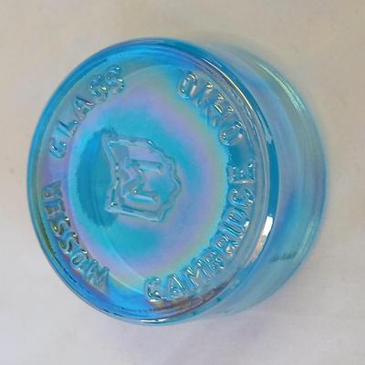 Vintage Mosser Glass LOGO Dealer display Cambridge Ohio Paperweight Blue Carnival glass