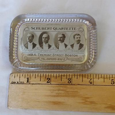 Vintage Schubert Quartette Paperweight includes portraits of the four members: Martin, W. Swaine, W. Walker, and Dr. G.R. Clark