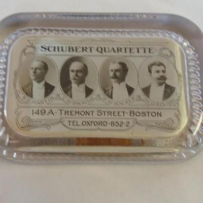 Vintage Schubert Quartette Paperweight includes portraits of the four members: Martin, W. Swaine, W. Walker, and Dr. G.R. Clark