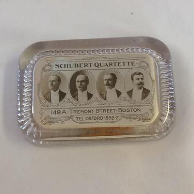 Vintage Schubert Quartette Paperweight includes portraits of the four members: Martin, W. Swaine, W. Walker, and Dr. G.R. Clark