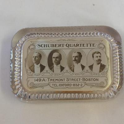 Vintage Schubert Quartette Paperweight includes portraits of the four members: Martin, W. Swaine, W. Walker, and Dr. G.R. Clark