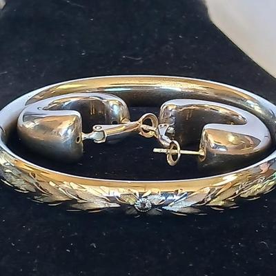 Vintage etched sterling marked bangle bracelet with .925 signed earrings