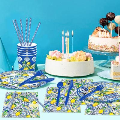16-Serving Blue & White Porcelain Lemon Party Supplies - Chinese Style Classical Party Plates Napkins Cups Party Decoration for...