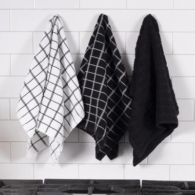 3-Pack Black & White 100% Cotton Terry Kitchen Dish Towels, Highly Absorbent, 25" x 15