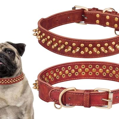 Size Small - Red Faux Leather Spiked Studded Dog Collar Adjustable 3 Rows Rivet Spikes Dog Collar (S(Neck:10.6"-13")