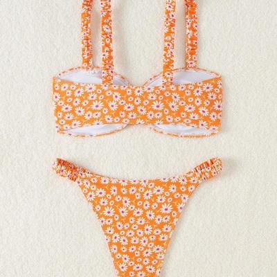Size Medium - Orange, Pink & White Ditsy Floral Daisy Print Mod Swim Two-Piece Bikini Set Bathing Suit for Summer