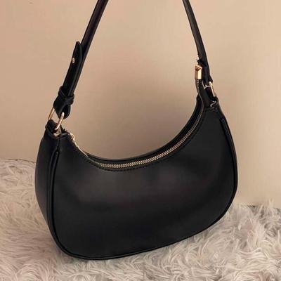 Black PU Faux Leather Crescent Shaped Bright Surface Shoulder Handbag Purse for Women w/Zipper Closure & Brass Hardware