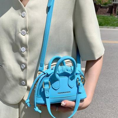Mini Blue Raspberry Faux Leather Drawstring Design Dome Bag Purse w/Crossbody Strap, Handles & Gold Hardware