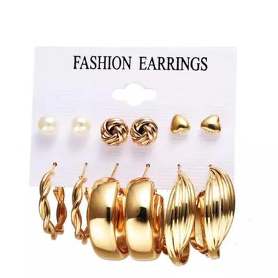 6-Pair Gold Plated Hoop & Stud Earrings Set for Women & Girls Alloy Hoop Earring Jewelry