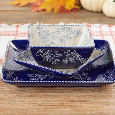 12-Piece Ceramic Temptations by Tara Navy Blue & White Floral Dinnerware Set in Square - Dinner Plates 10.5" x 10.5" x...