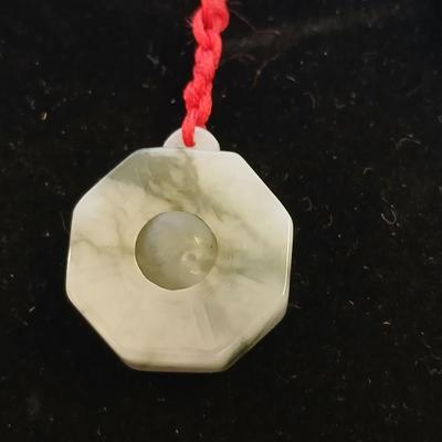 Lucky fortune Octagon Bagua white jade necklace and a carved pink stone pendant year of the bull