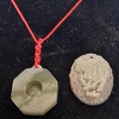 Lucky fortune Octagon Bagua white jade necklace and a carved pink stone pendant year of the bull