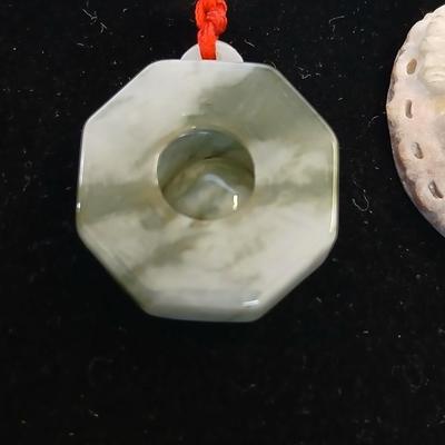 Lucky fortune Octagon Bagua white jade necklace and a carved pink stone pendant year of the bull