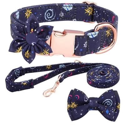 Size Small Navy Blue Sun Space Star Printed Small Dog Collar w/Matching Leash, Bowtie & Flower Rose Gold Hardware