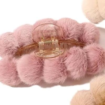 Blush Pink Hairy Hair Clip Claw Barrette for Women, Faux Fur Claw Hair Clips for Thick Hair