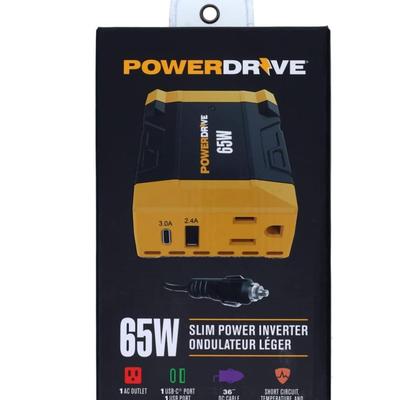 PowerDrive PWD65 65 Watt Slim Power Inverter 12v DC to 110v AC with Outlet and 2 Ports