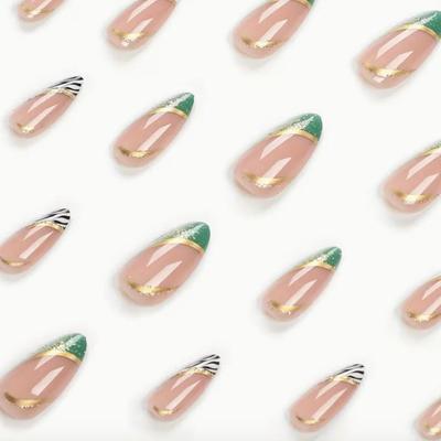 I - 24pcs Almond Wearable Nail Art French Style with Golden Foil Removable Nail False Nail Stickers, with a Jelly Sticker and a Nail...