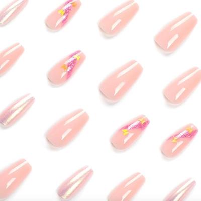 J - 24Pcs Square Press on Nails Medium Coffin French Cute Nude Pink Glitter Butterfly Fake False Nails Glossy Acrylic Nude Nails Full...